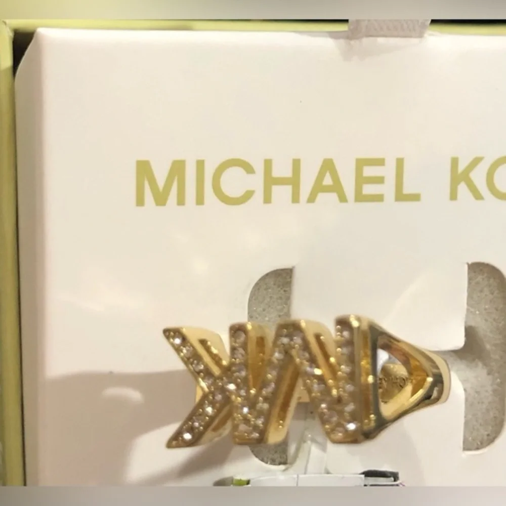 Michael Kors Gold-plated crystal rhinestone‎ MK Logo Ring Size 7 new